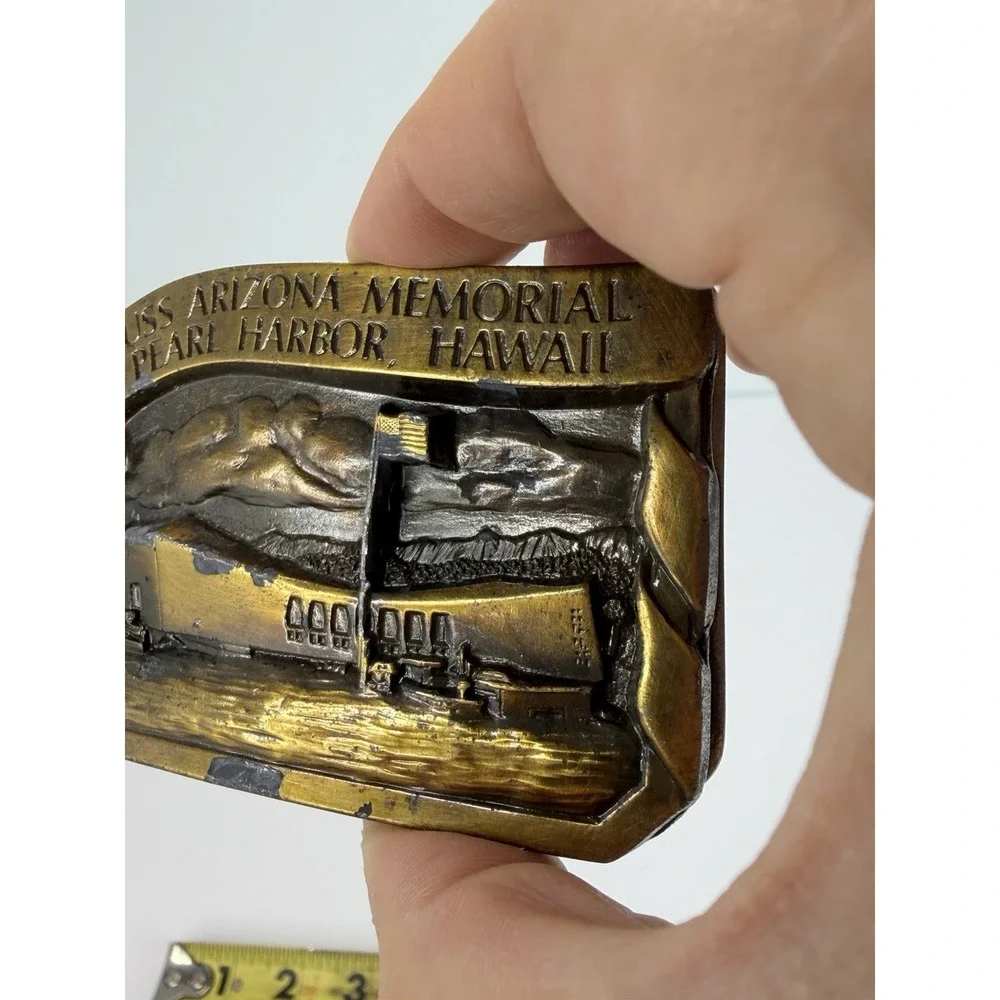 Bergamot Brass Works Belt Buckle USS Arizona Memorial Pearl Harbor Hawaii 1985